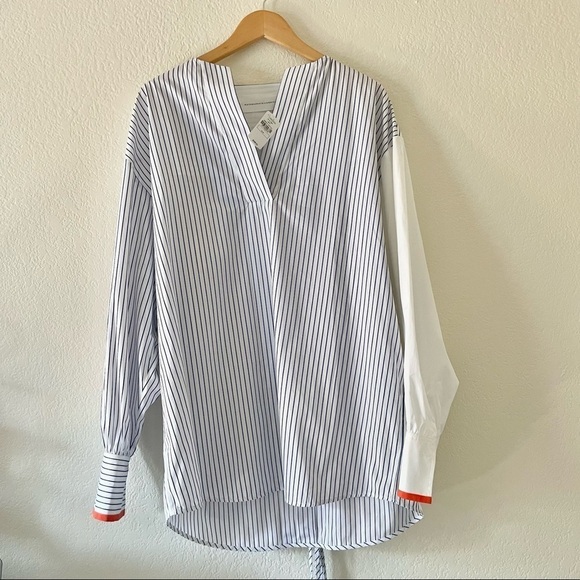 VICTORIA BECKHAM Split-Neck Long-Sleeve Pinstripe Cotton Blouse - Picture 2 of 5